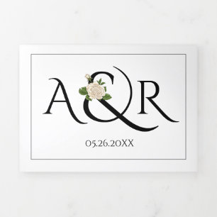 Black, white initials and ampersand, rose wedding Tri-Fold invitation