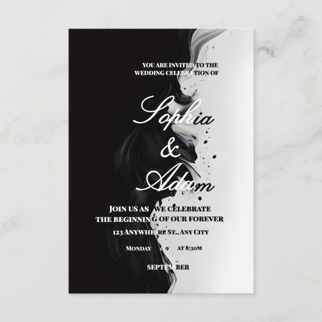 Black & White Ink Art Wedding Invitation (Front)