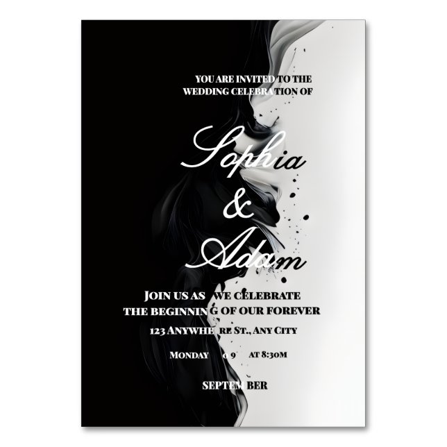 Black & White Ink Art Wedding Invitation Table Number (Front)