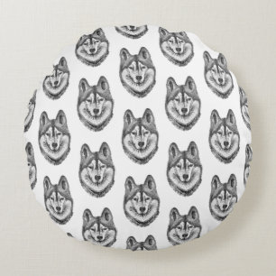 Black & White Ink & Watercolor Siberian Husky Round Pillow