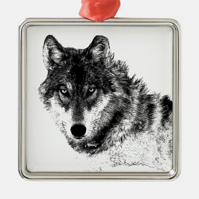 Black White Inspirational Wolf Eyes Metal Ornament (Front)