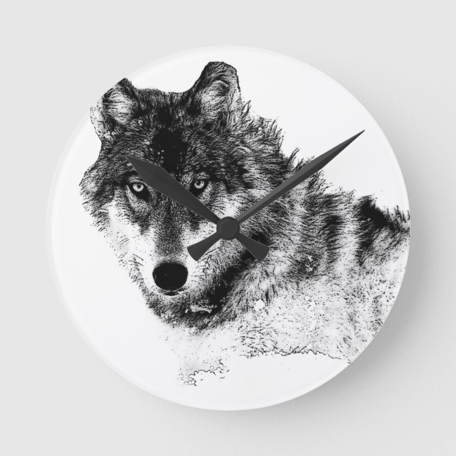 Black White Inspirational Wolf Eyes Round Clock (Front)