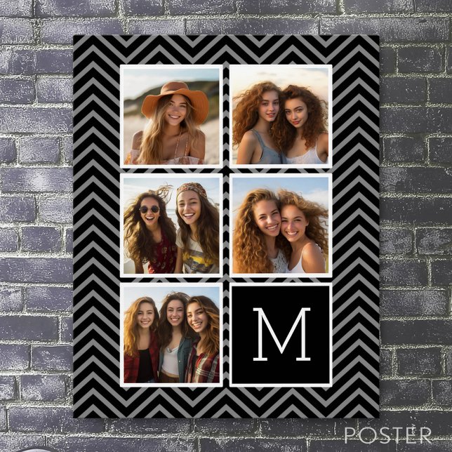 Black White Instagram 5 Photo Collage Monogram Poster (Custom Photo Collage Poster)