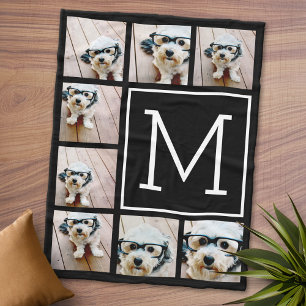Black & White Instagram 8 Photo Collage Monogram Fleece Blanket