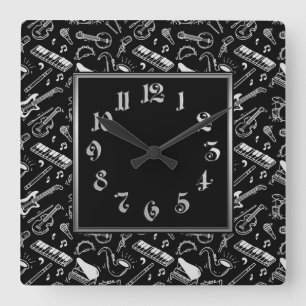Black & White Instruments Pattern Square Wall Clock