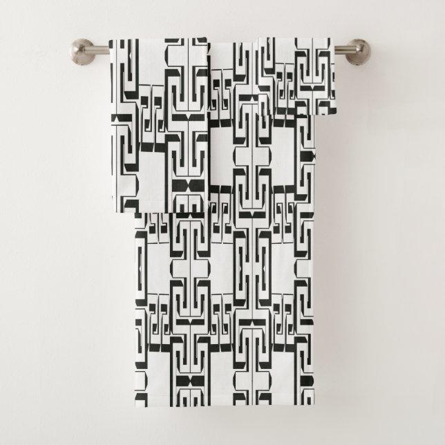 Black White Interlocking Maze Pattern Bath Towels (Insitu)