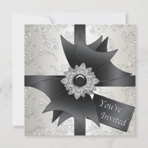 Black White Ivory Damask Party Invitation