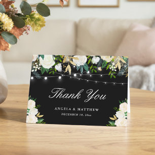 Black White Ivory Floral String Lights Thank You Card