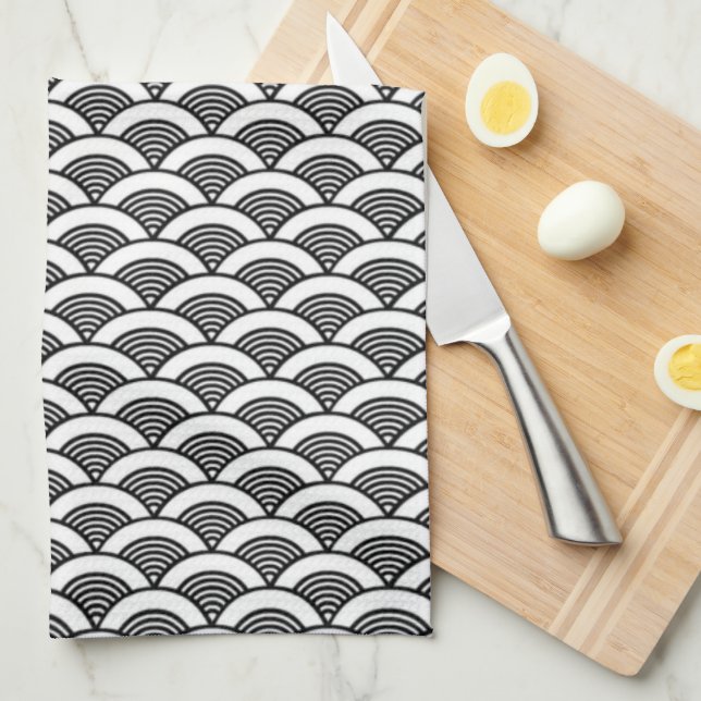 Black White Japanese Wave Pattern Kitchen Towel (Quarter Fold)