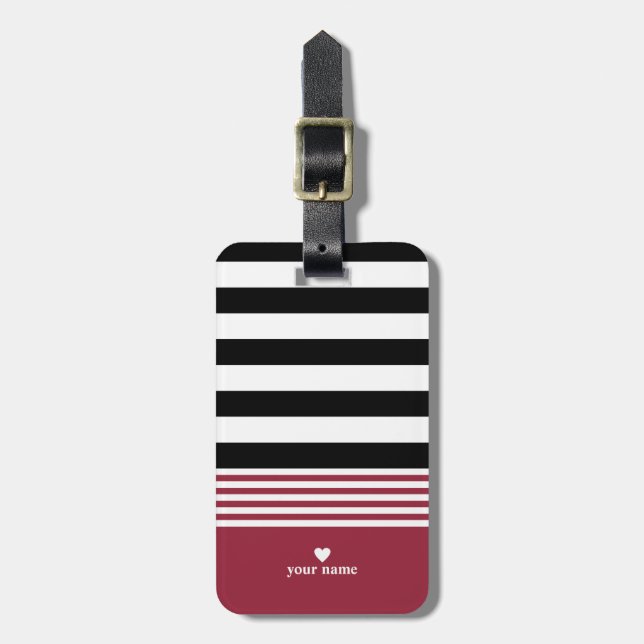 Black, White & Jester Red Striped Personalized Luggage Tag (Front Vertical)