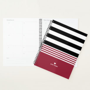 Black, White & Jester Red Striped Personalized Planner
