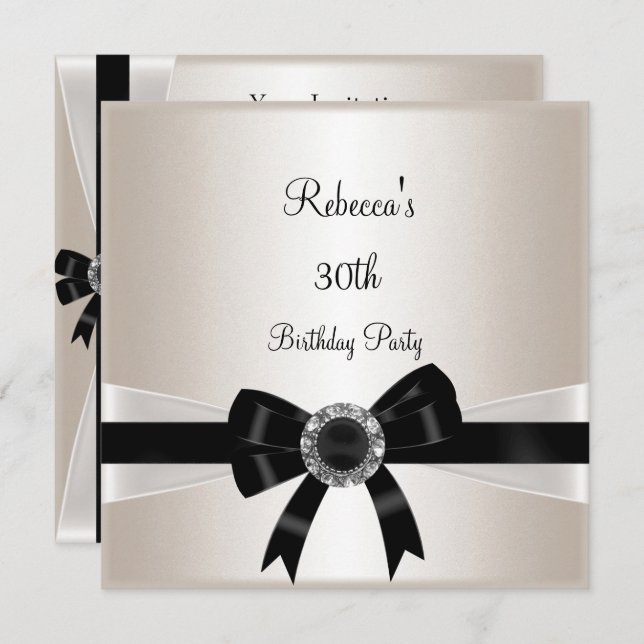Black White Jewel Bow 30th  Birthday Silver Sepia Invitation (Front/Back)