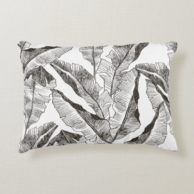 Black White Jungle: Tropical Plant Pattern Accent Pillow (Front)