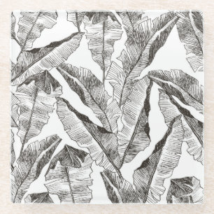 Black White Jungle: Tropical Plant Pattern Glass Coaster