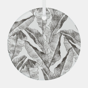 Black White Jungle: Tropical Plant Pattern Glass Ornament
