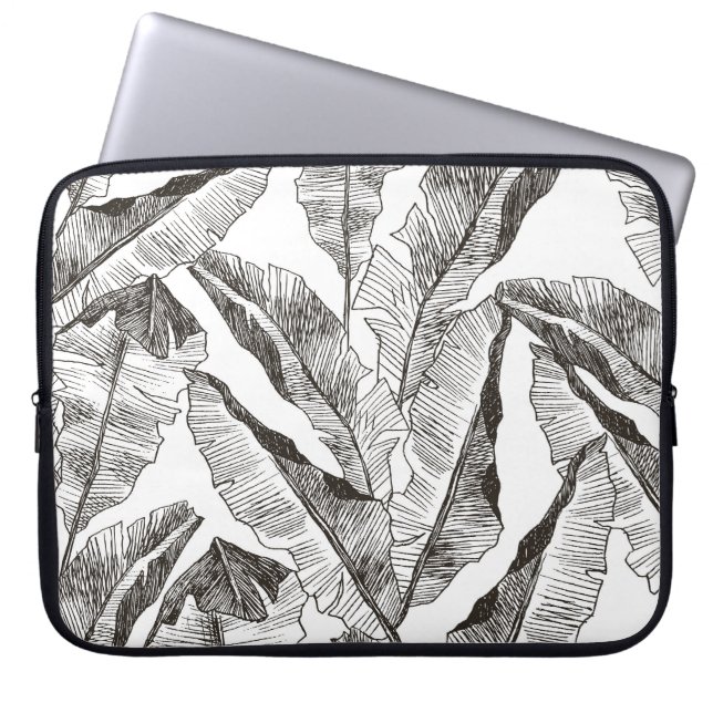 Black White Jungle: Tropical Plant Pattern Laptop Sleeve (Front)