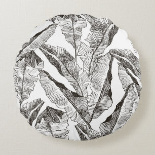 Black White Jungle: Tropical Plant Pattern Round Pillow