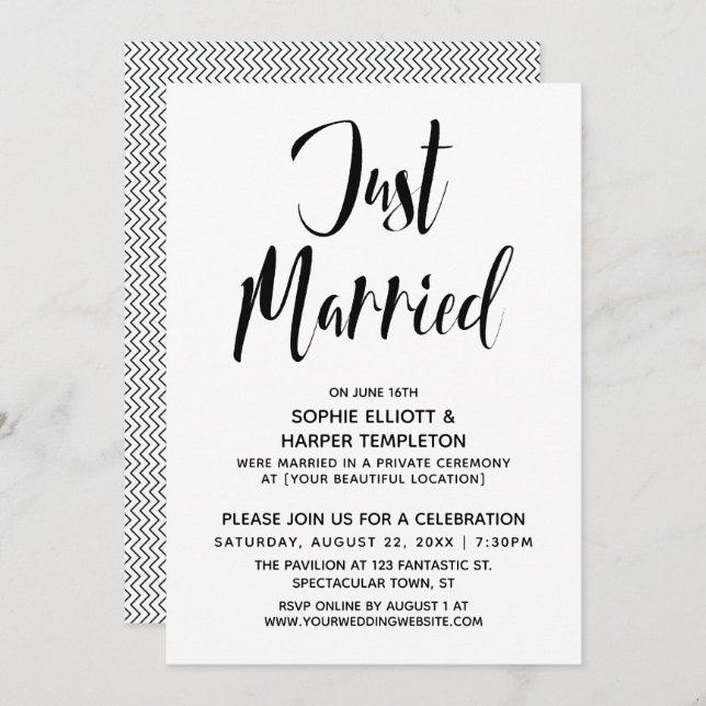 Black & White Just Married Typography Reception Invitation (Front/Back)