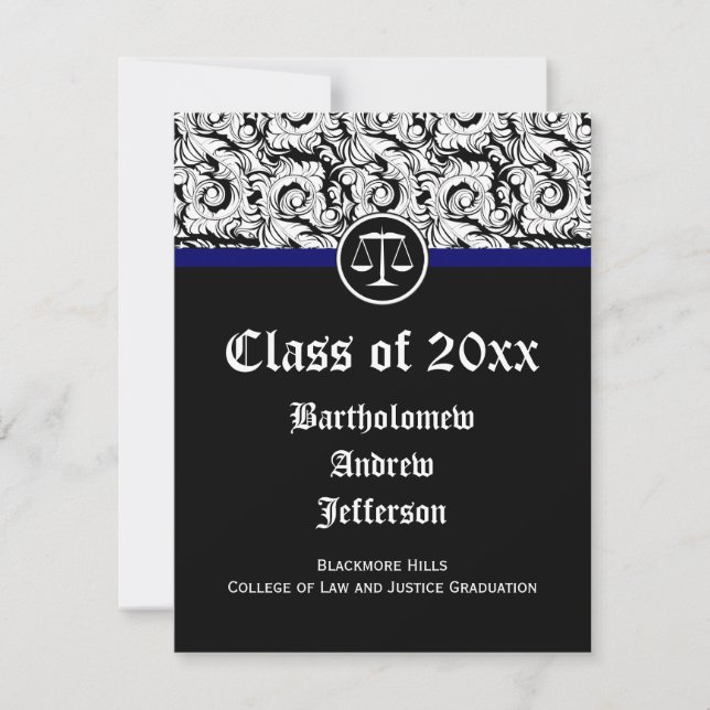 Black/White Justice Scales Law School Graduation Invitation (Front)
