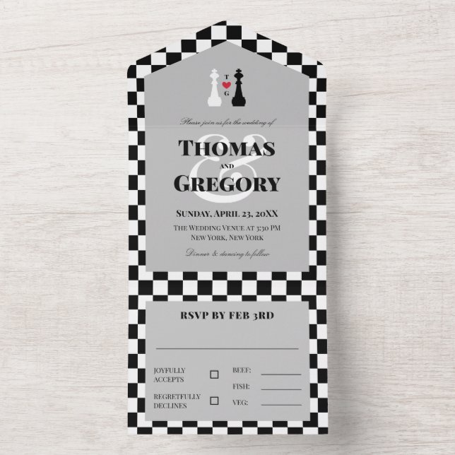 Black White Kings Chess Pieces Gay Wedding All In One Invitation (Inside)