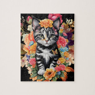 Black & White Kitten Floral Jigsaw Puzzle