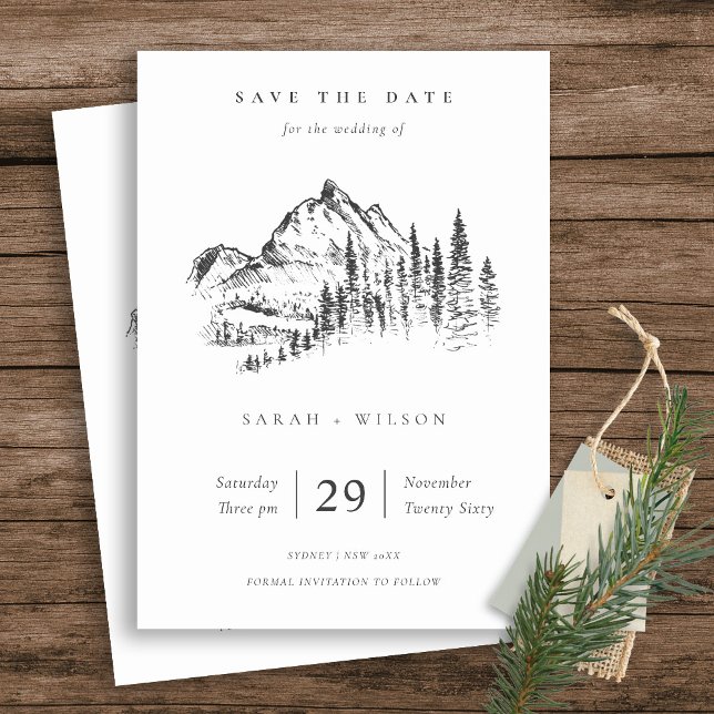 Black White Kraft Rustic Pine Mountain Sketch Save The Date (Creator Uploaded)