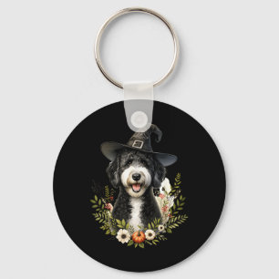 Black White Labradoodle Dog Halloween Watercolor Keychain