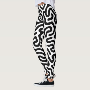 black white labyrinth pattern line decorative mode leggings