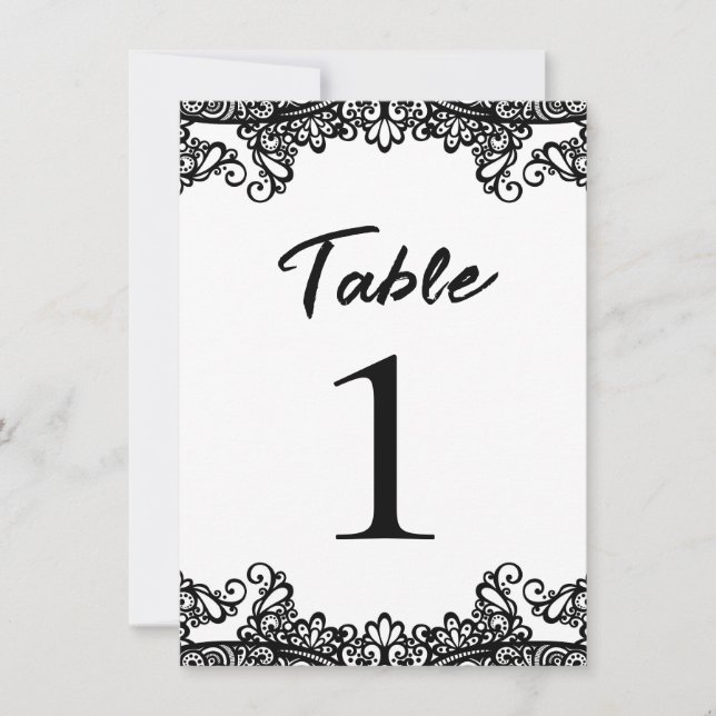 Black & White Lace Elegant Wedding Table Number (Front)