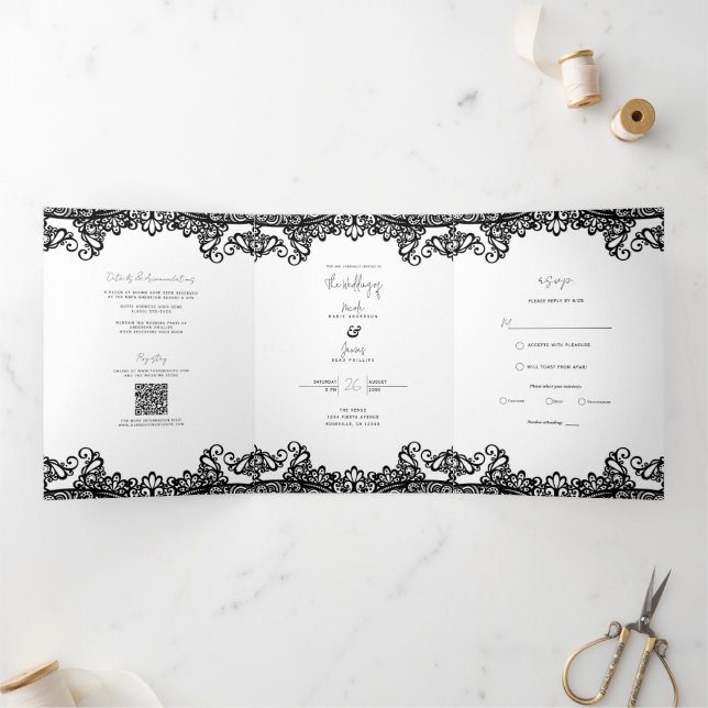 Black & White Lace Elegant Wedding      Tri-Fold Invitation (Inside)