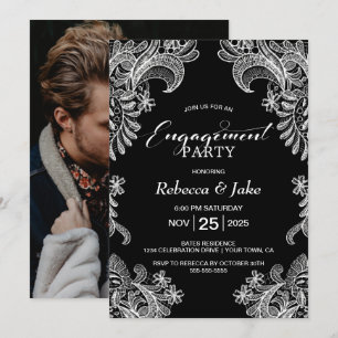 Black White Lace Engagement Party Invitation