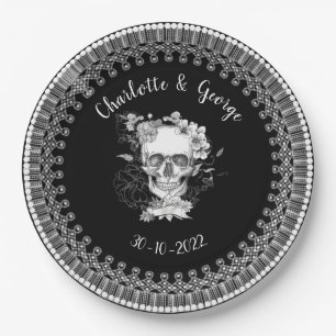 Black White Lace Floral Skull Halloween Wedding Paper Plate