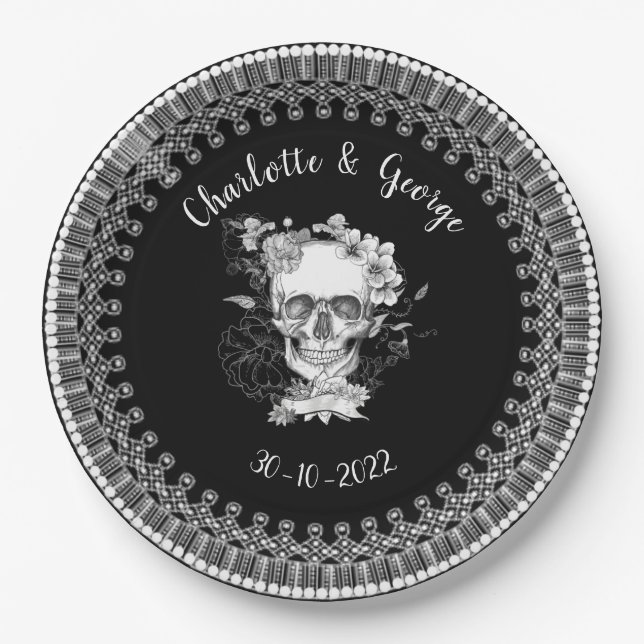 Black White Lace Floral Skull Halloween Wedding Paper Plate (Front)