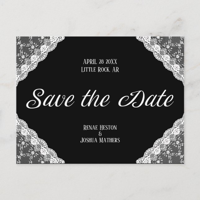 Black & White Lace Save the Date Postcard (Front)