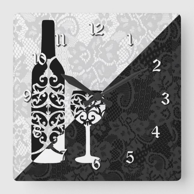 Black & White Lace Wine Bottle Square Clock (Front)