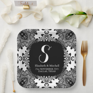 Black White Lacy Tribal Damask Fractal Lace Paper Plate