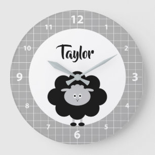 Black White Lamb Kawaii Kid Nursery Script Name Large Clock