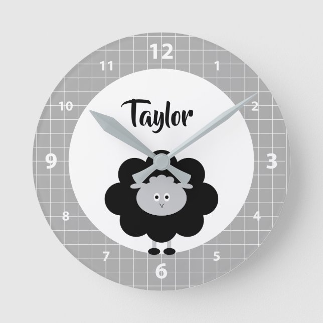 Black White Lamb Kawaii Kid Nursery Script Name Round Clock (Front)