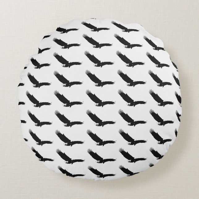 Black & White Landing Eagle Round Pillow (Front)