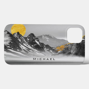 Black White Landscape Golden Moon Custom Name iPhone 13 Case