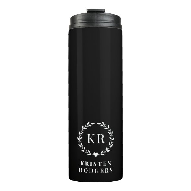 Black White Laurel Wreath Crest Monogram Thermal Tumbler (Front)