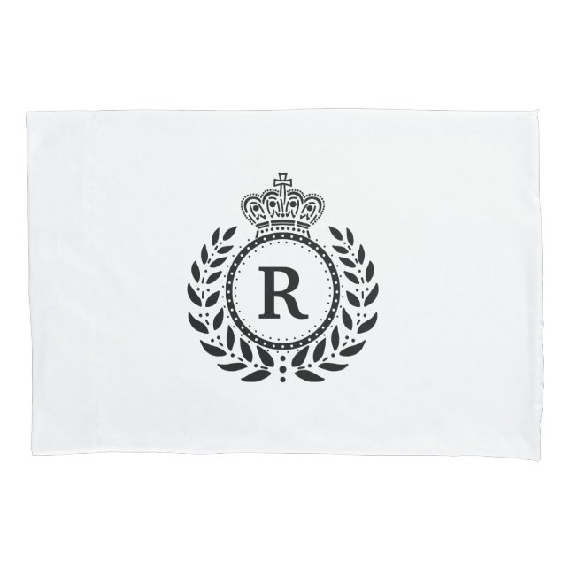 Black White Laurel Wreath Crown Monogram | Royal Pillowcase (Front)