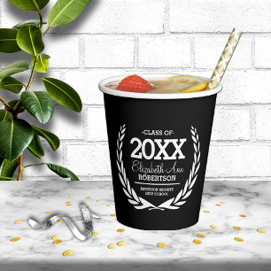 Black White Laurel Wreath Graduation Class Year Paper Cups