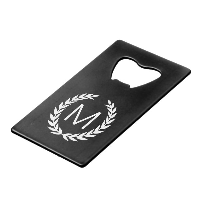 Black & White Laurel Wreath Monogram Wallet Bottle Opener (Front Angled)