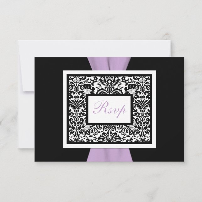 Black White Lavender Damask PRINTED RIBBON RSVP Card (Front)