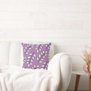 Black, White, Lavender Hand Drawn Leaves Pattern  Throw Pillow
