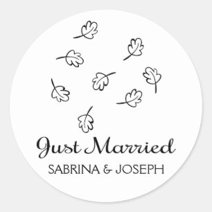 Black & White Leaf Just Married Leaves Classic Round Sticker