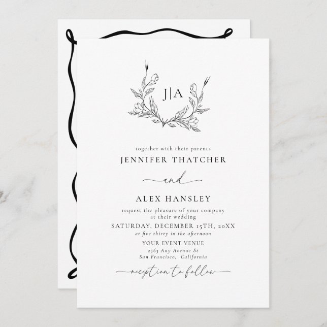 Black White Leaf | Monogram Photo Wedding Invitation (Front/Back)