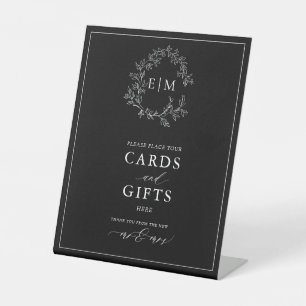 Black White Leafy Crest Monogram Card & Gifts Pedestal Sign