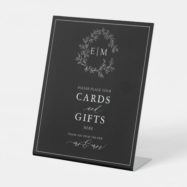 Black White Leafy Crest Monogram Card & Gifts Pedestal Sign (Front)